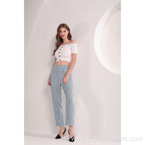 Wide Leg Pants Women's Blue and White Stripe Pants Factory